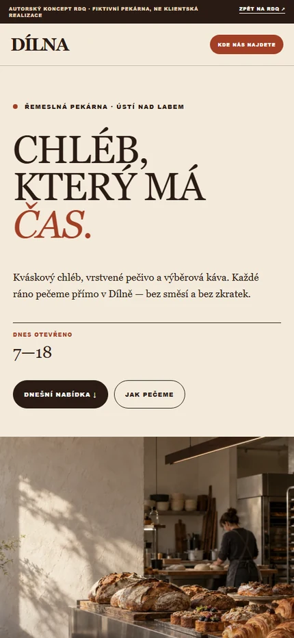 DÍLNA — aktuální mobilní podoba úvodní stránky